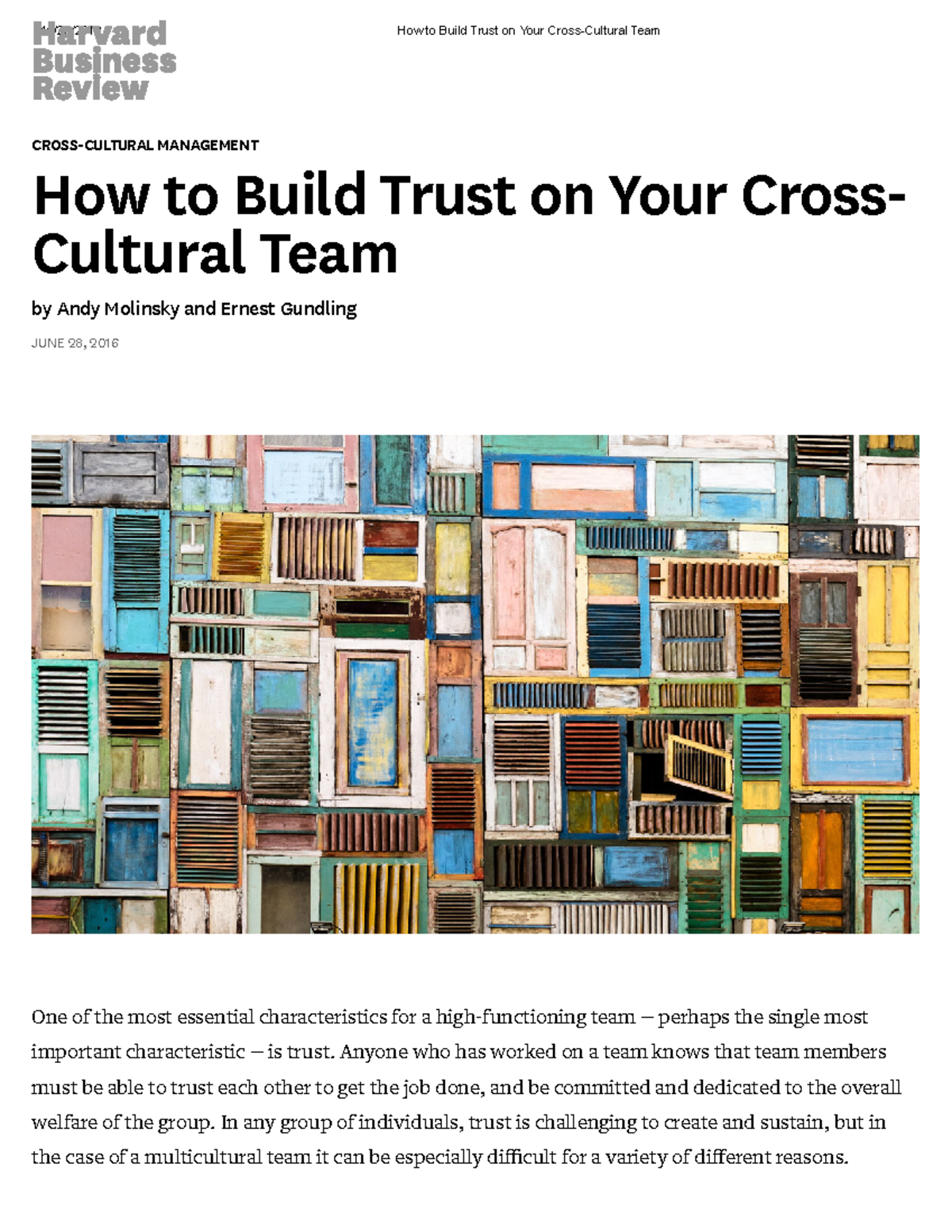 HBR MANAGEMENT: Building Trust in Cross-Cultural Teams - Studocu