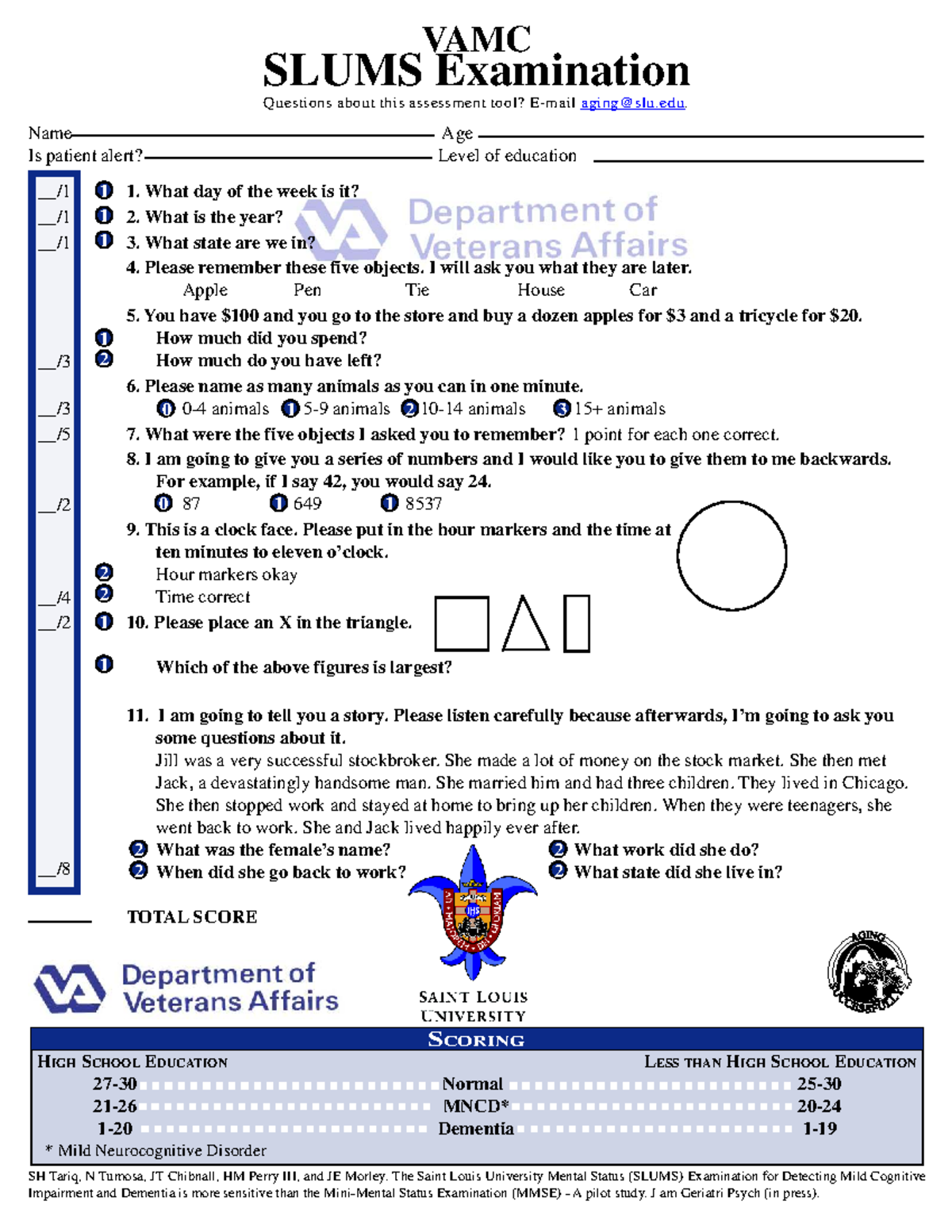 SLUMS Exam Guide: Assessing Cognitive Function in Older Adults - Studocu
