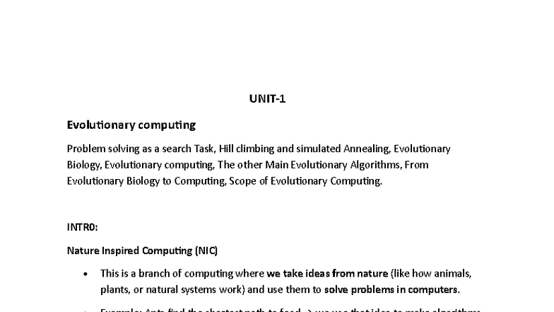 NIC UNIT 1 - Evolutionary Computing: Problem Solving & Algorithms - Studocu