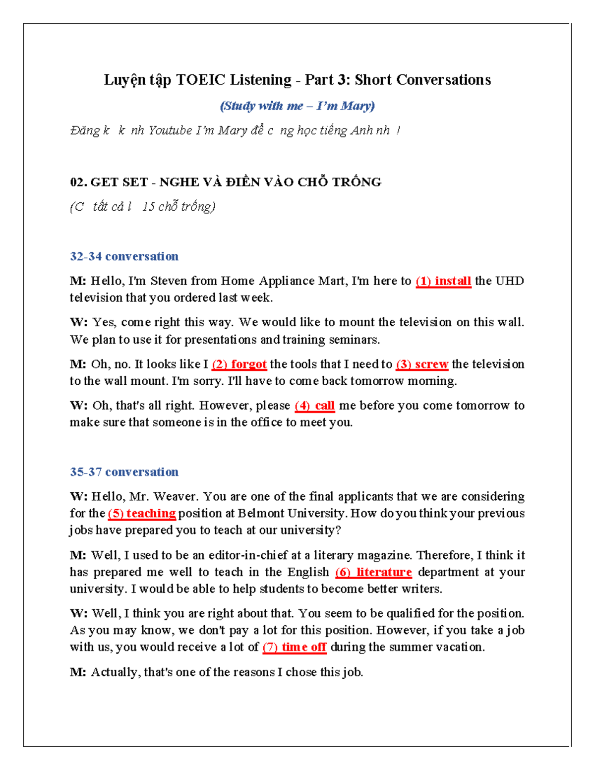 Luyện Tập TOEIC Listening Part 3: Short Conversations Practice - Studocu