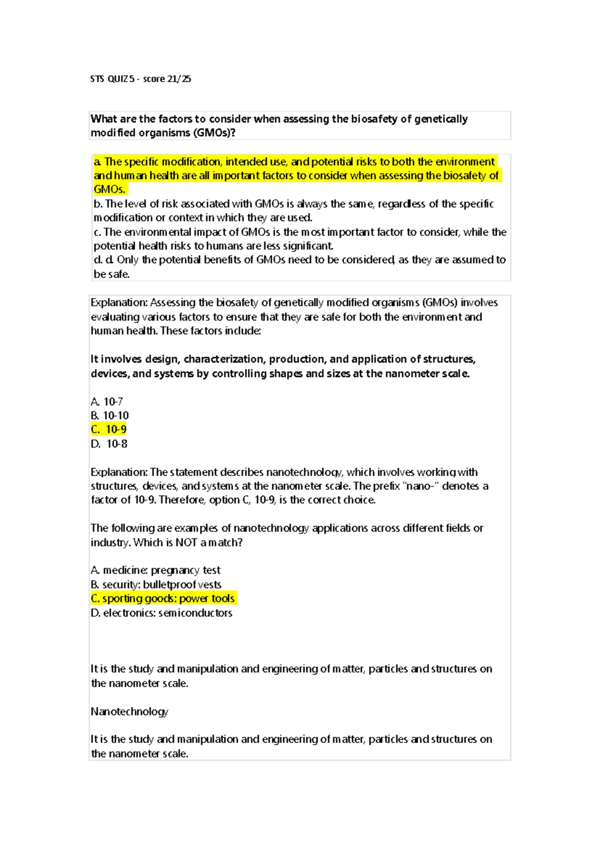 STS Quiz 5: Key Concepts in Biosafety & Nanotechnology - Studocu