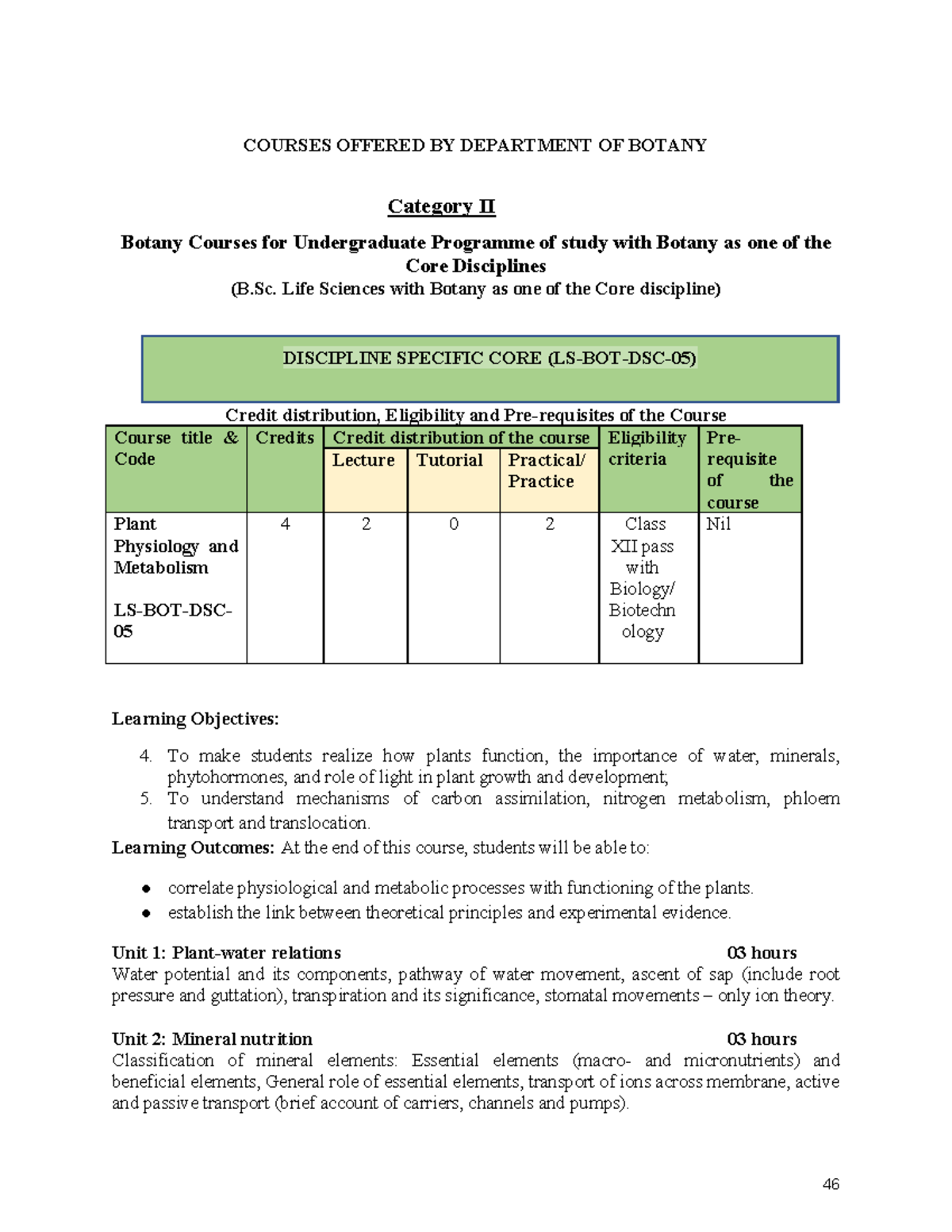 Botany 5th Sem - Core Course on Plant Physiology and Metabolism - Studocu