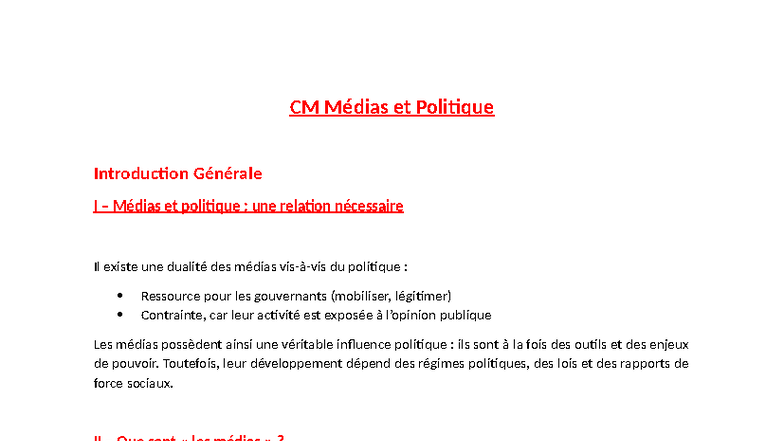 CM Médias et Politique - Notes de Cours et Analyse des Relations - Studocu
