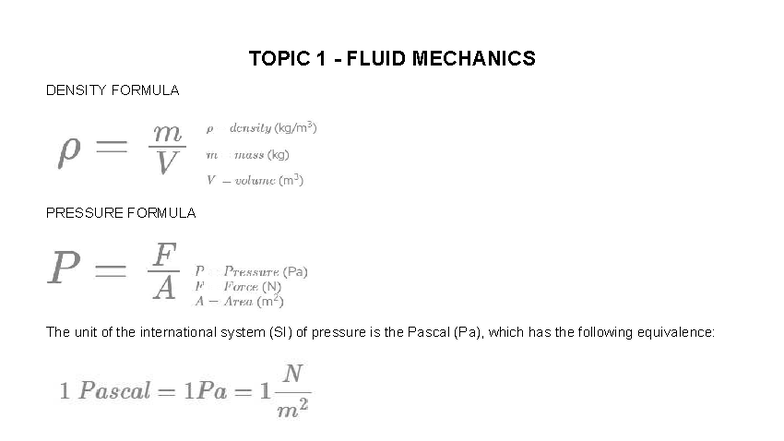 First Exam Formulary M&E2: Fluid Mechanics & SHM Equations - Studocu