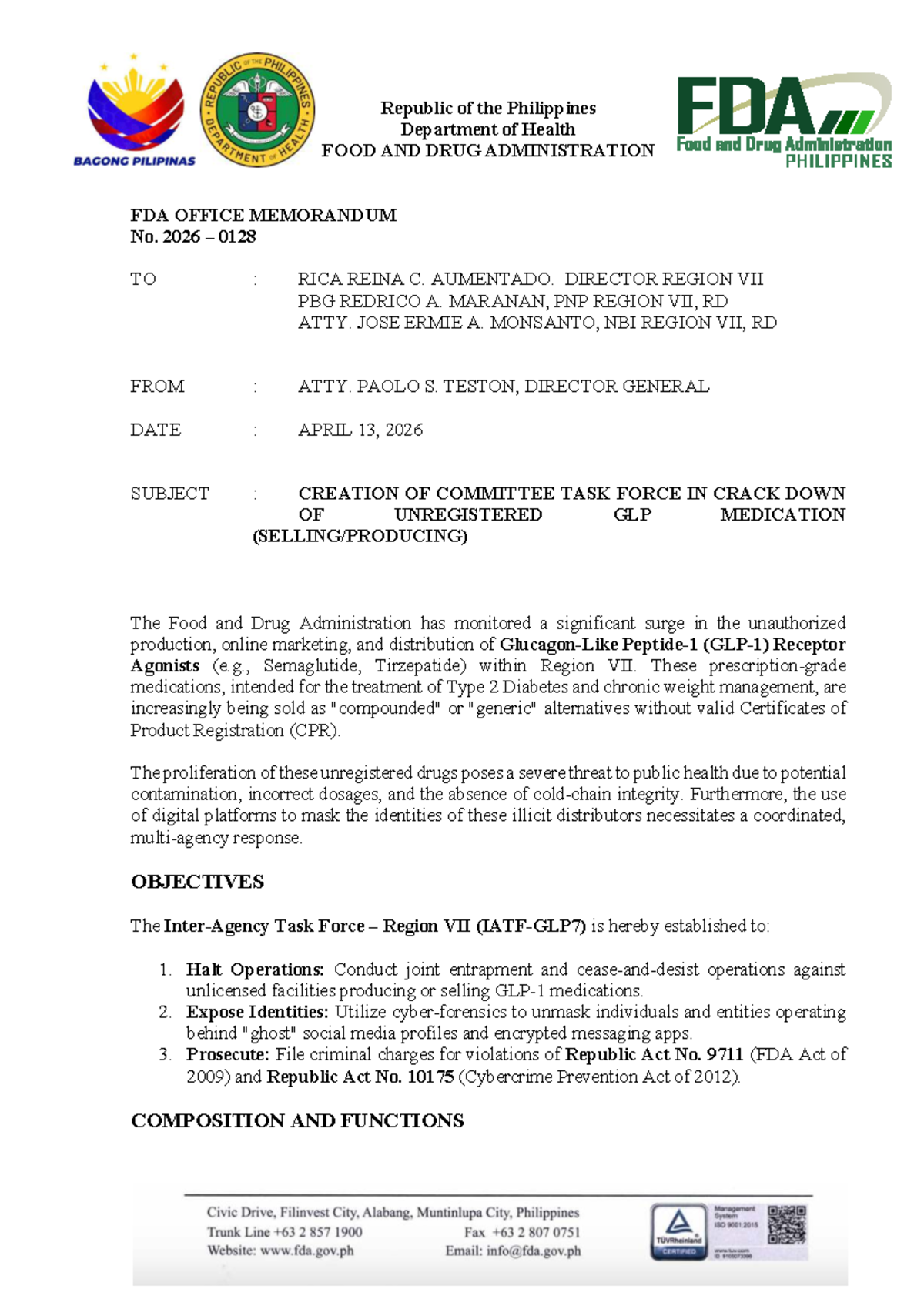 FDA Office Memo No. 2026-0128: Task Force for Unregistered GLP Meds ...