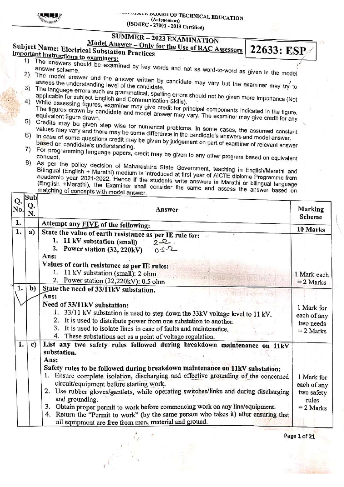 ESP S23 Model answer - DOARD OF TECHNICAL EDUCATION (Autonomous) 27001 ...