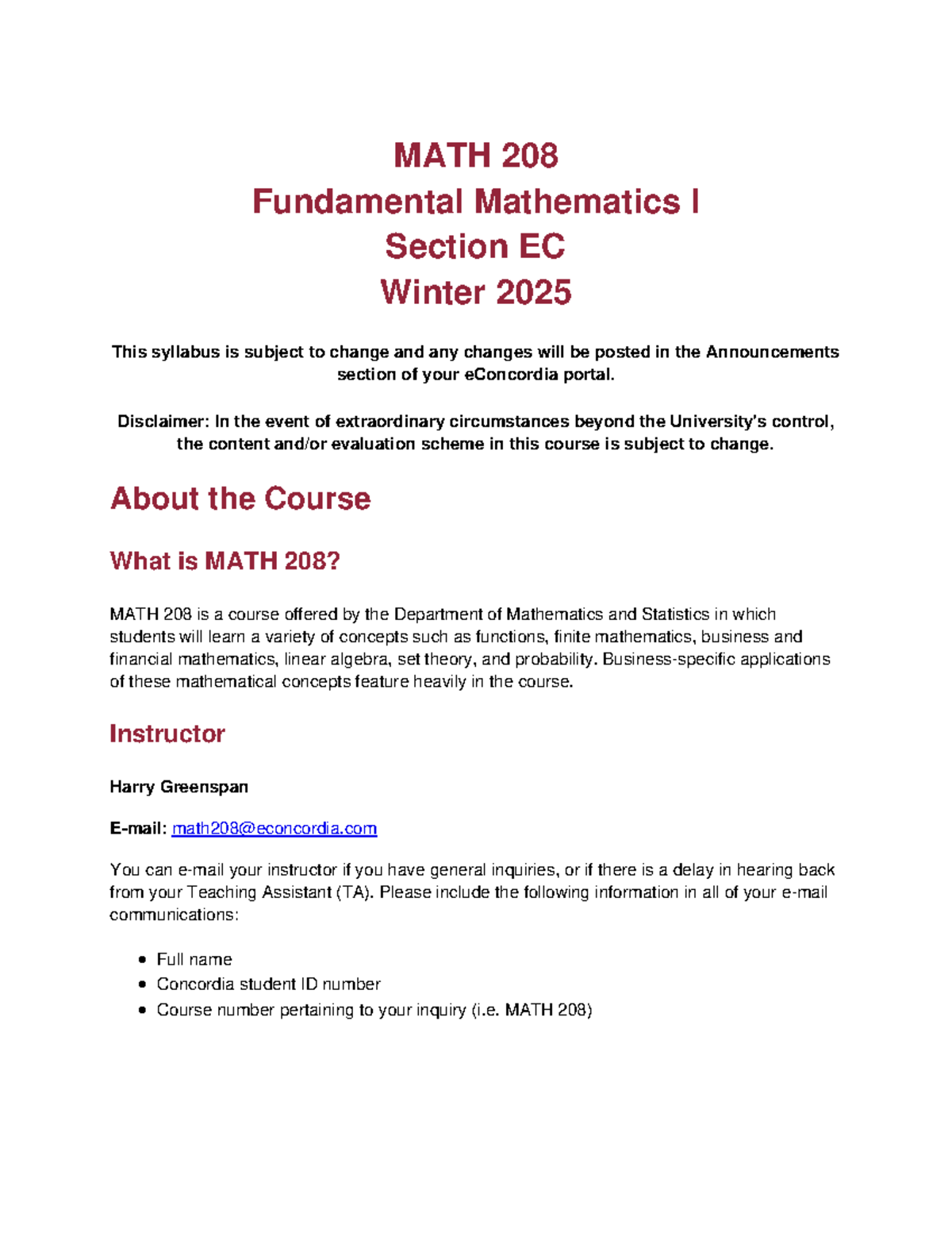 MATH 208 Fundamental Mathematics I Syllabus & Course Outline Winter ...