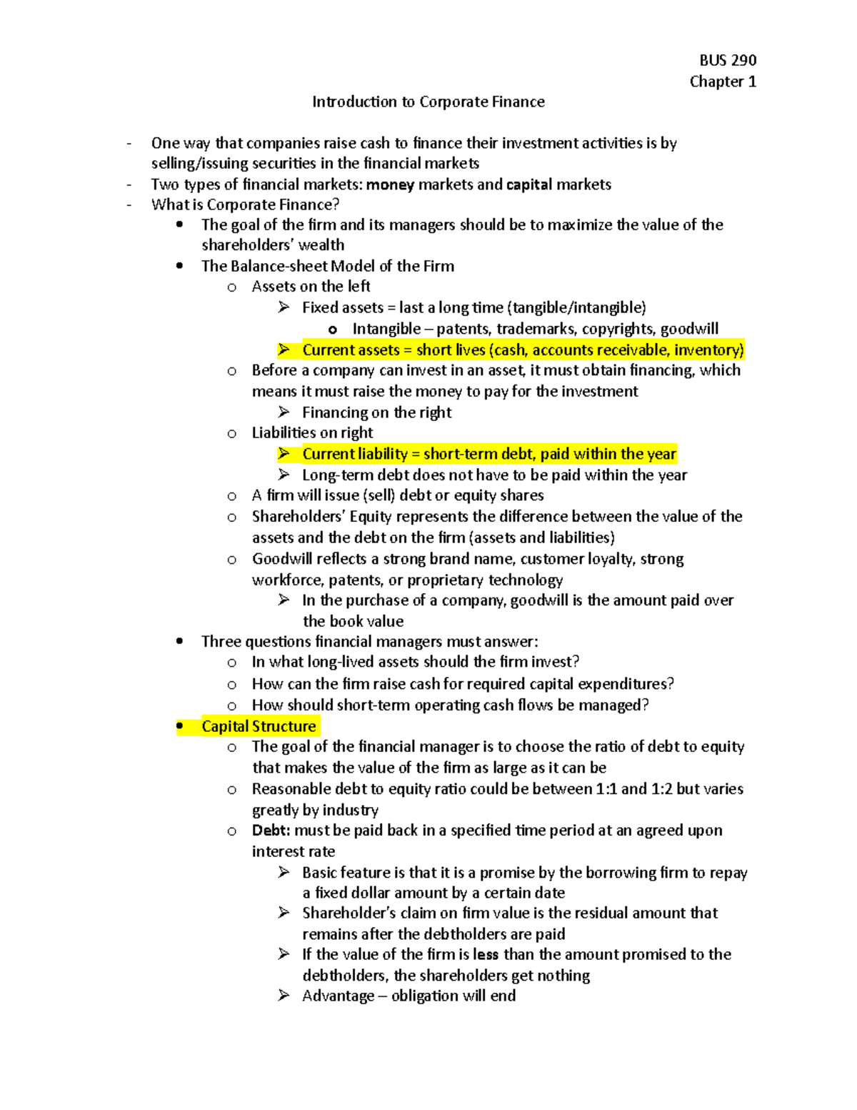 Chapter 1 - Overview of Corporate Finance Concepts and Practices - Studocu