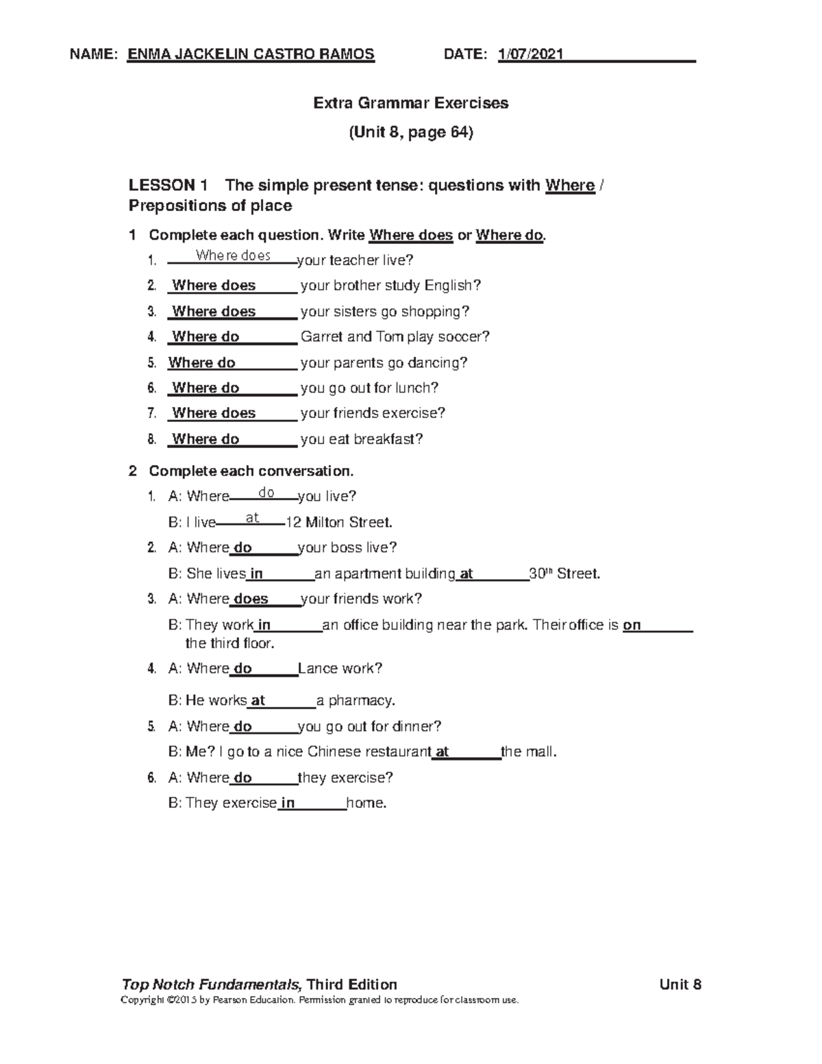Extra Grammar Exercises Unit 8 ENMA Jackelin Castro Ramos - Inglés II ...