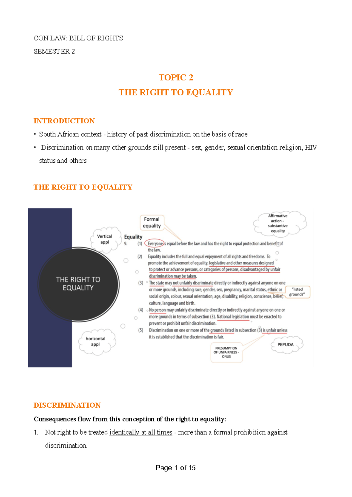 CON LAW 101: Bill of Rights - Equality & Non-Discrimination Notes - Studocu