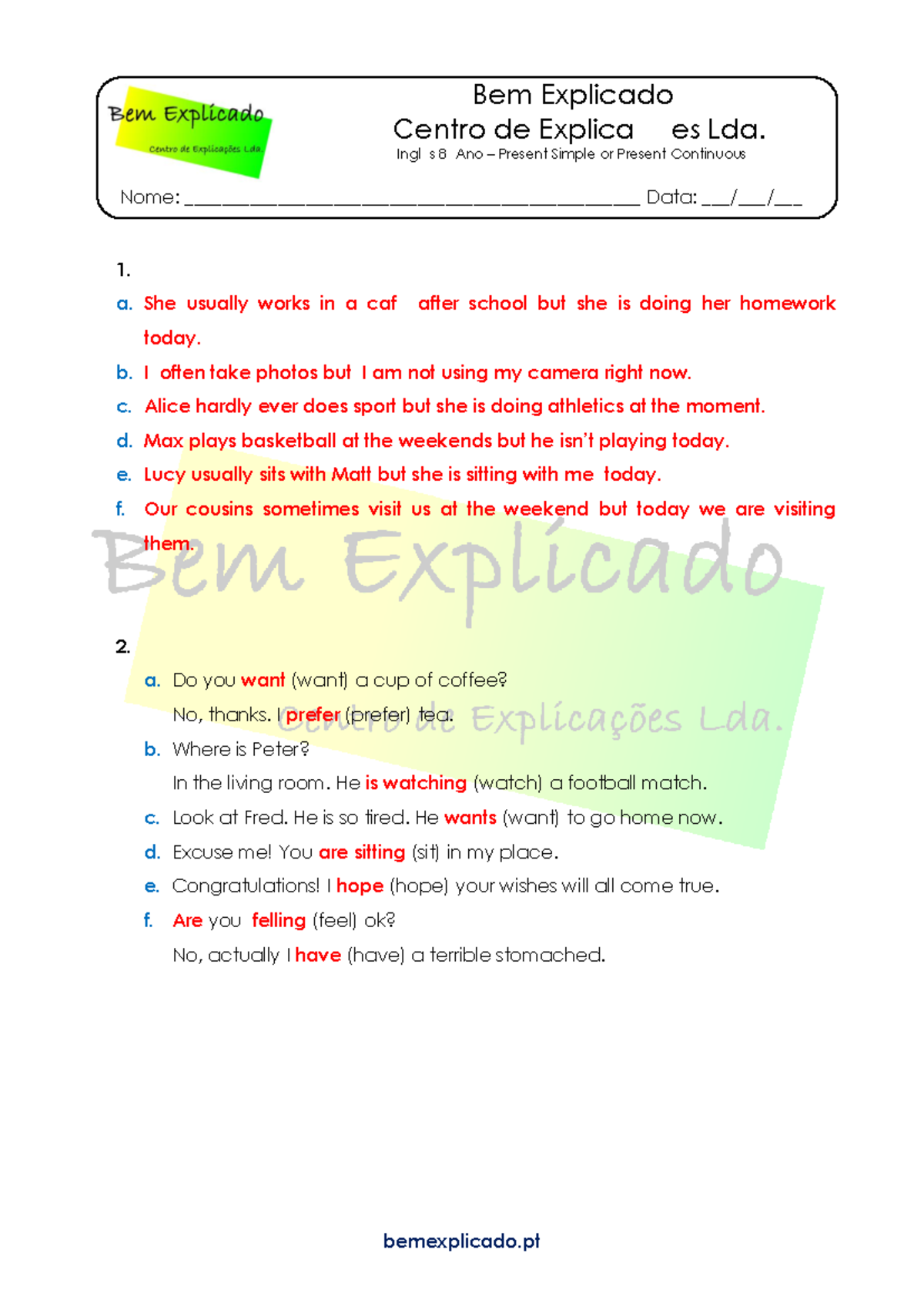 Ficha de Trabalho - Inglês 8º Ano: Present Simple vs Continuous ...