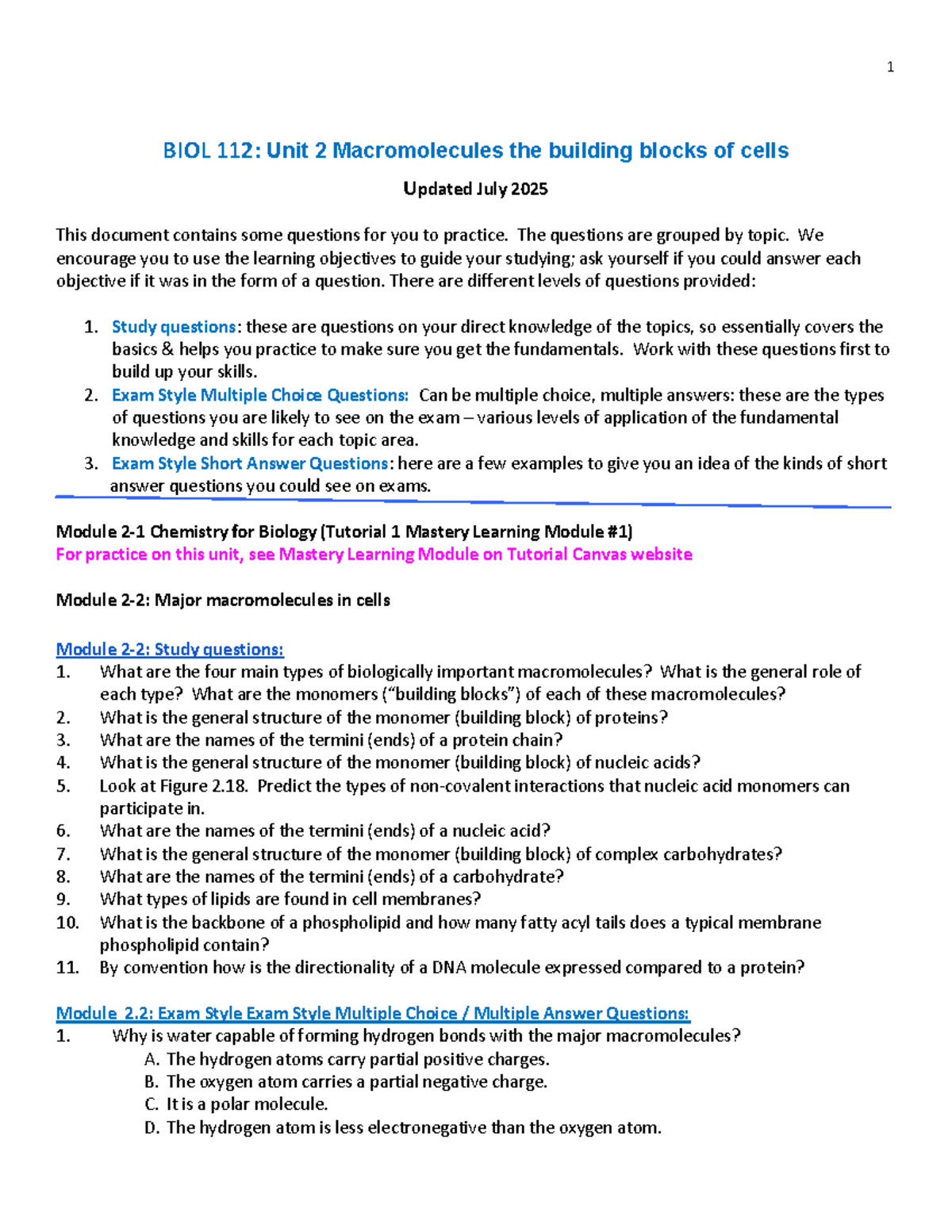 BIOL 112: Unit 2 Practice Questions on Macromolecules (Updated July ...