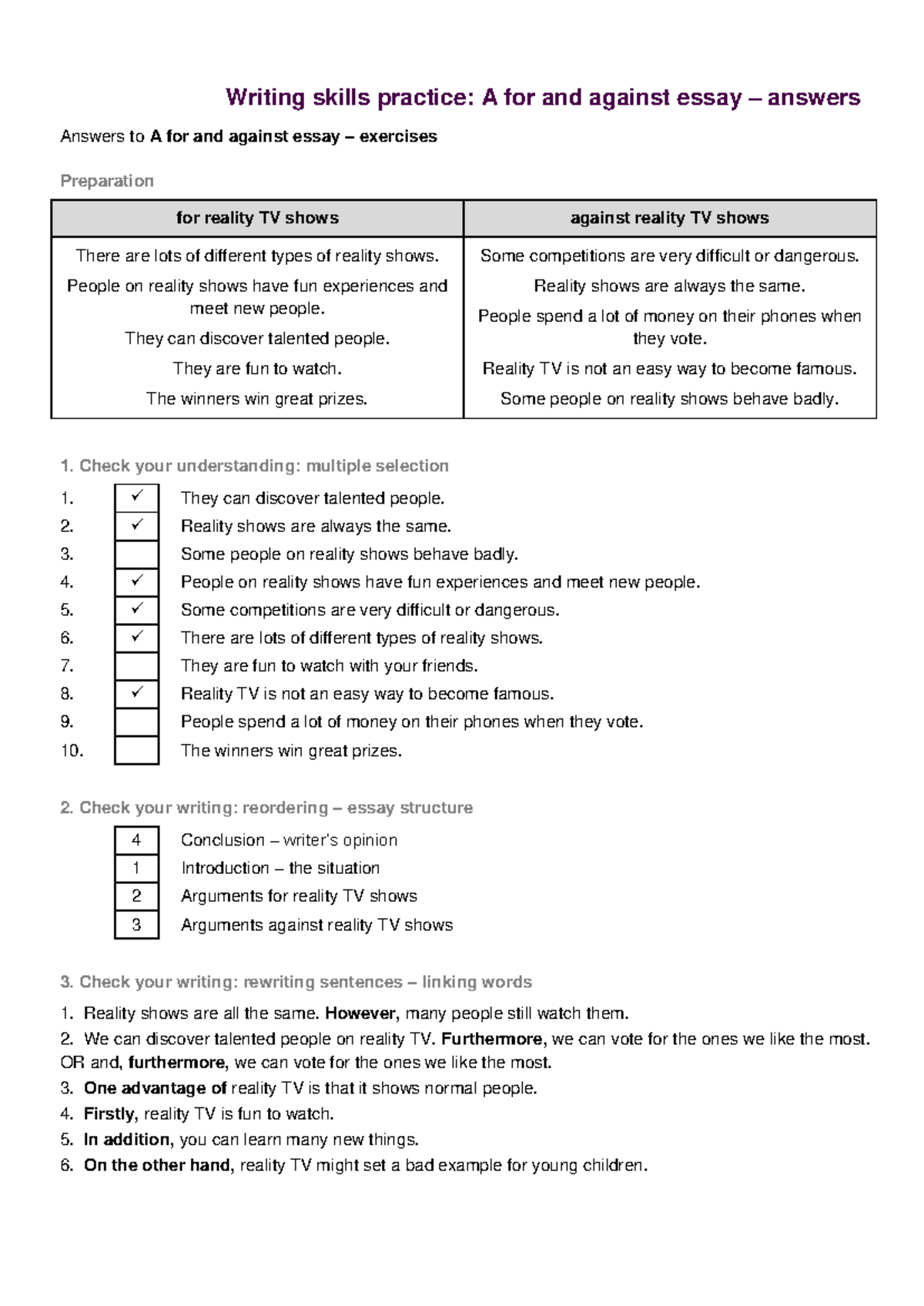 A for and against essay - answers 0 - Answers to A for and against ...