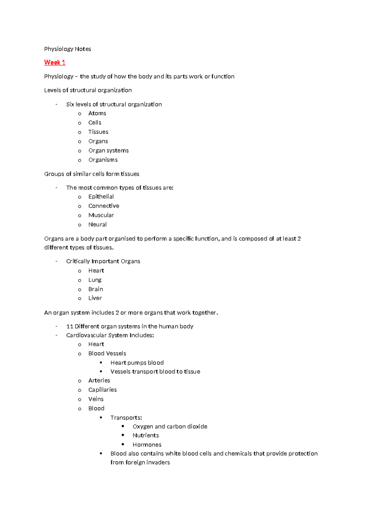 Physiology Notes: Week 1 & 2 Overview of Body Systems and Functions ...