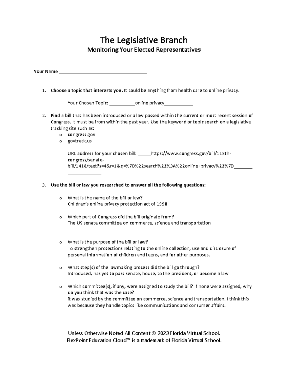 Legislative Branch Assignment: Analyzing Online Privacy Bill - Studocu