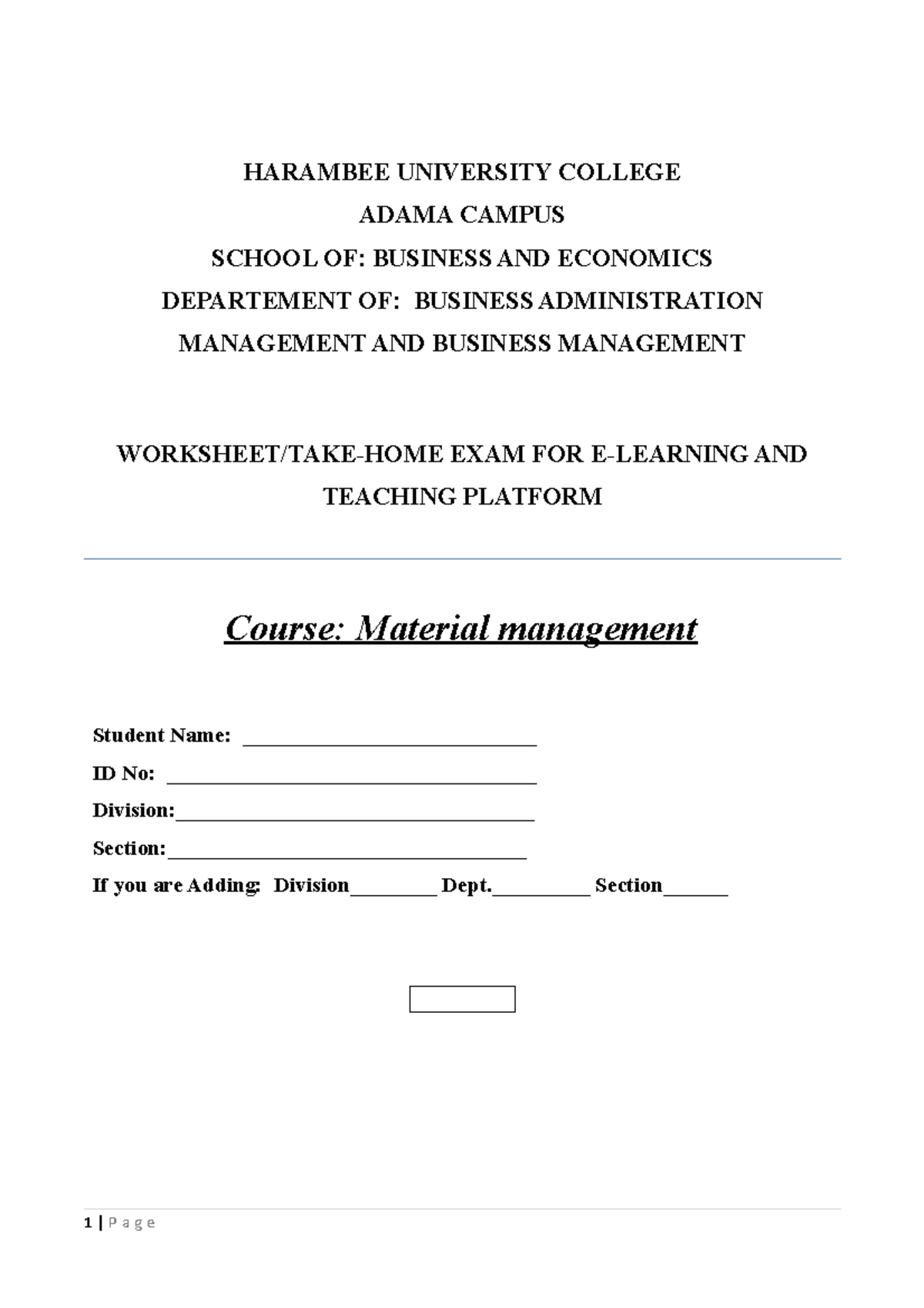 Material Management Worksheet for Course: MGT101 Final Exam - Studocu