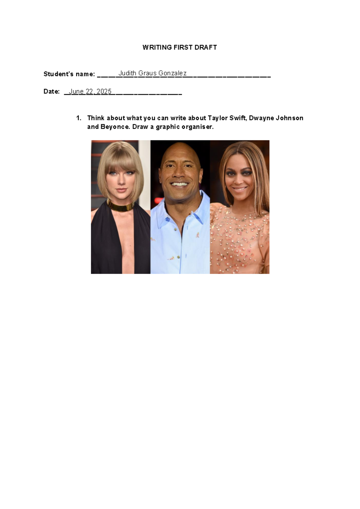 WRITING FIRST DRAFT: Ideas on Taylor Swift, Dwayne Johnson & Beyonce ...