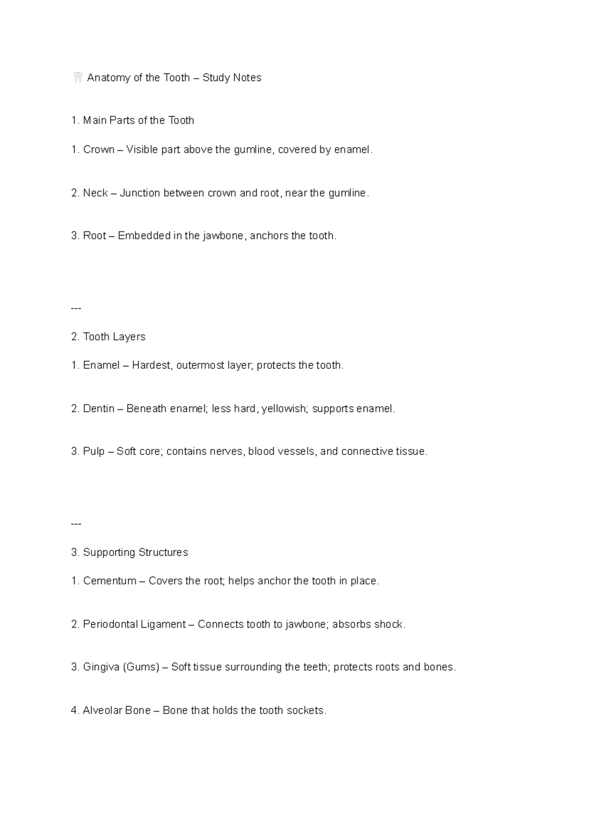 ANAT 101: Tooth Anatomy Study Notes and Main Structures - Studocu