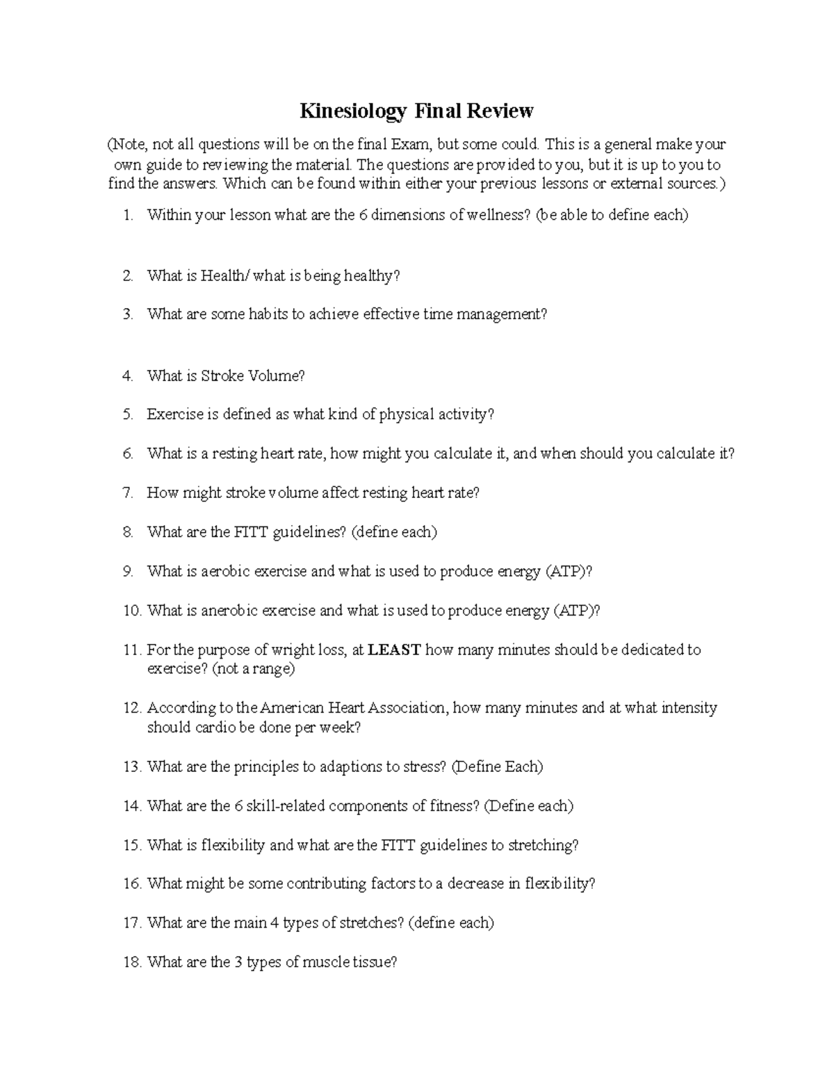 Kinesiology KIN 101 Final Exam Review: Physical Fitness & Wellness ...