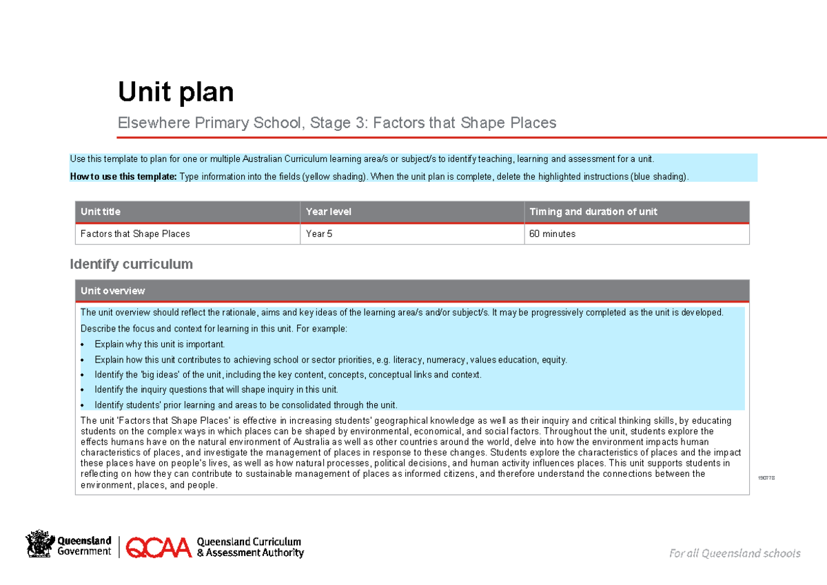 Unit Plan Template for Stage 3: Factors that Shape Places (190778 ...