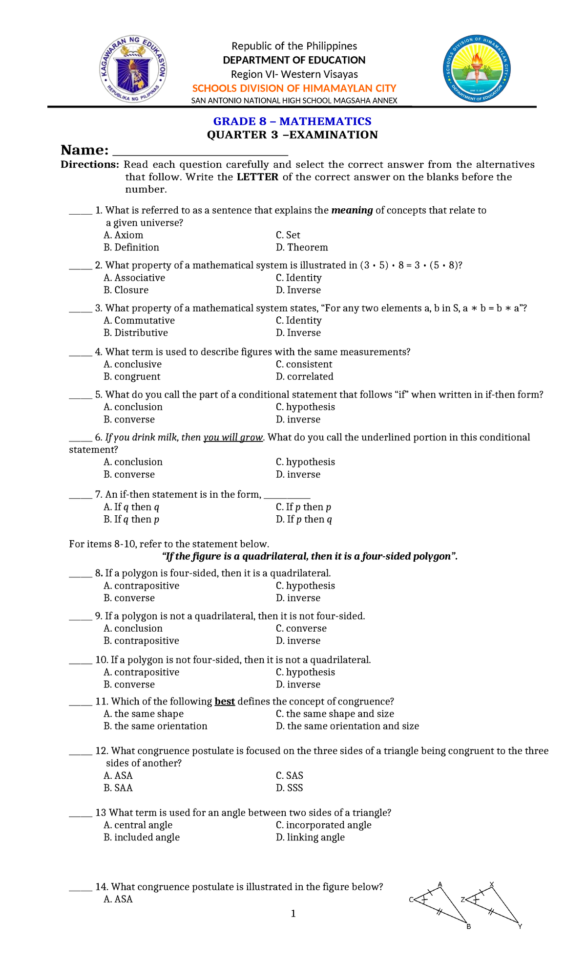 MATH 8 3RD Quarter EXAM - its an exam - GRADE 8 – MATHEMATICS QUARTER 3 ...