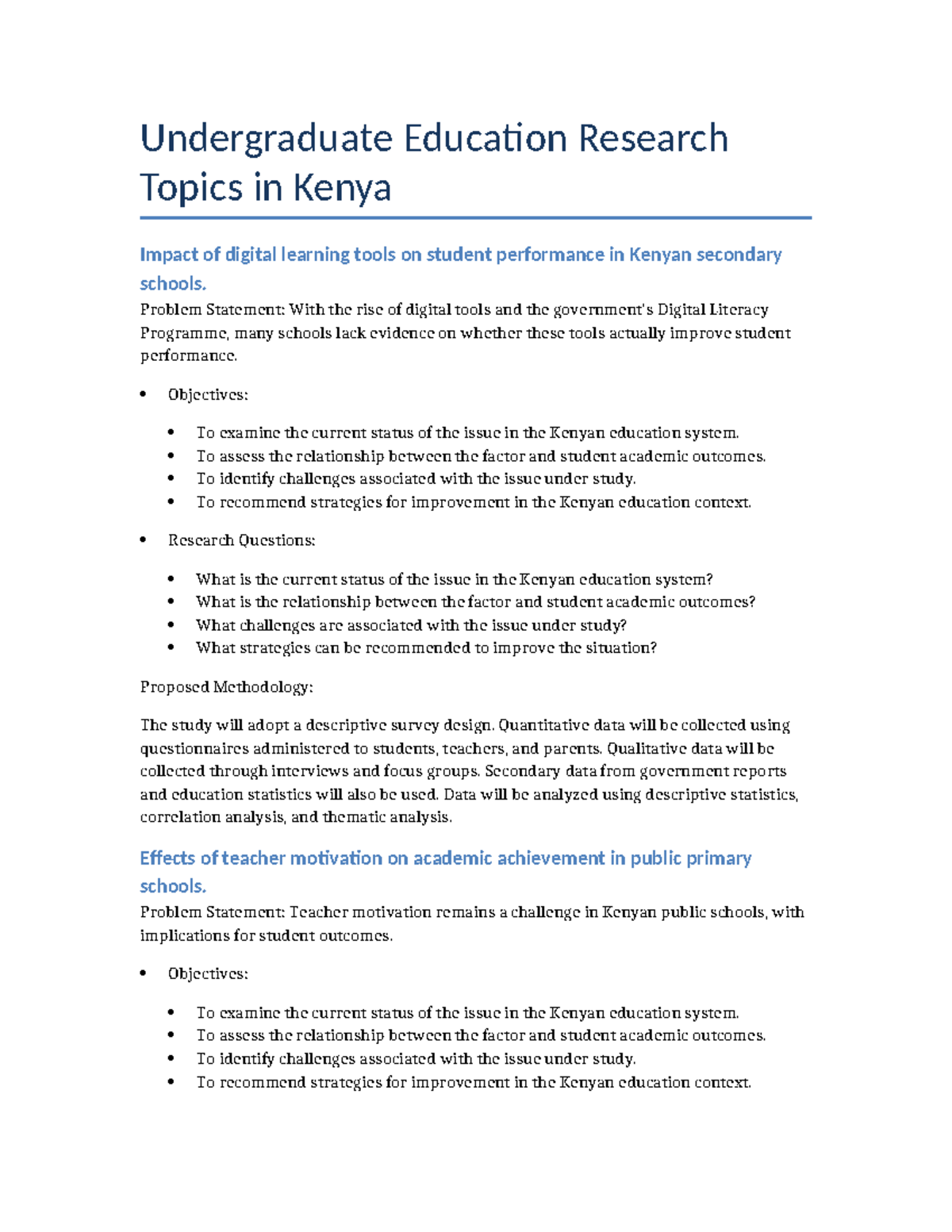 Undergraduate Education Research Topics in Kenya: Digital Tools ...