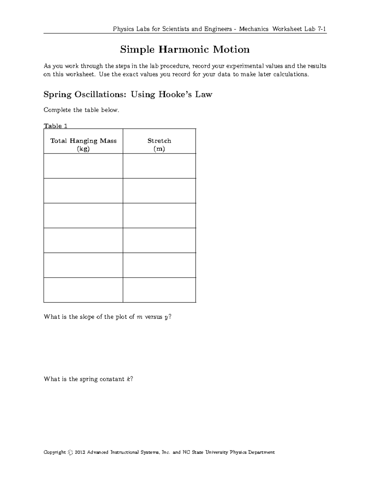 PHYS 101: Mechanics Lab Worksheet on Simple Harmonic Motion - Studocu