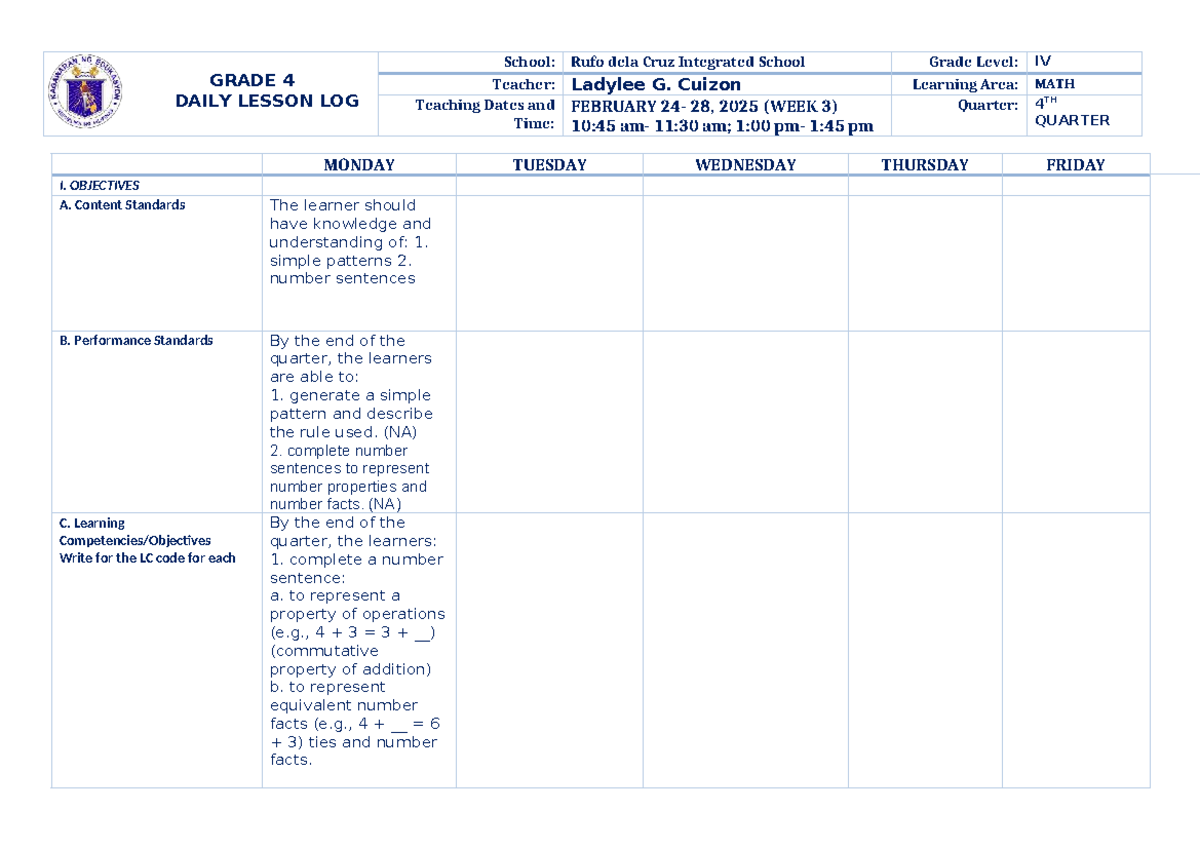 DLL MATH 4 Q4 W3: Daily Lesson Log for Grade 4 Mathematics - Studocu