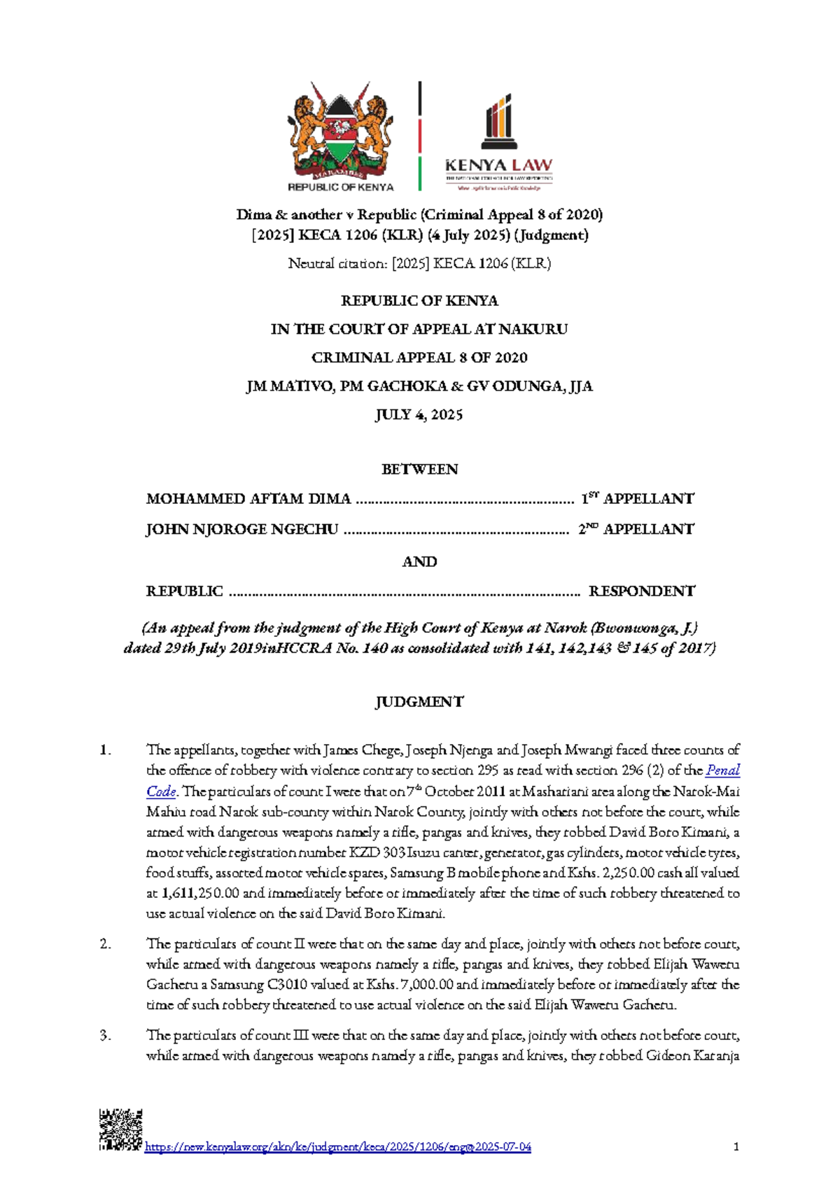 Dima v Republic (Criminal Appeal 8 of 2020) KECA 1206 (KLR) Judgment ...