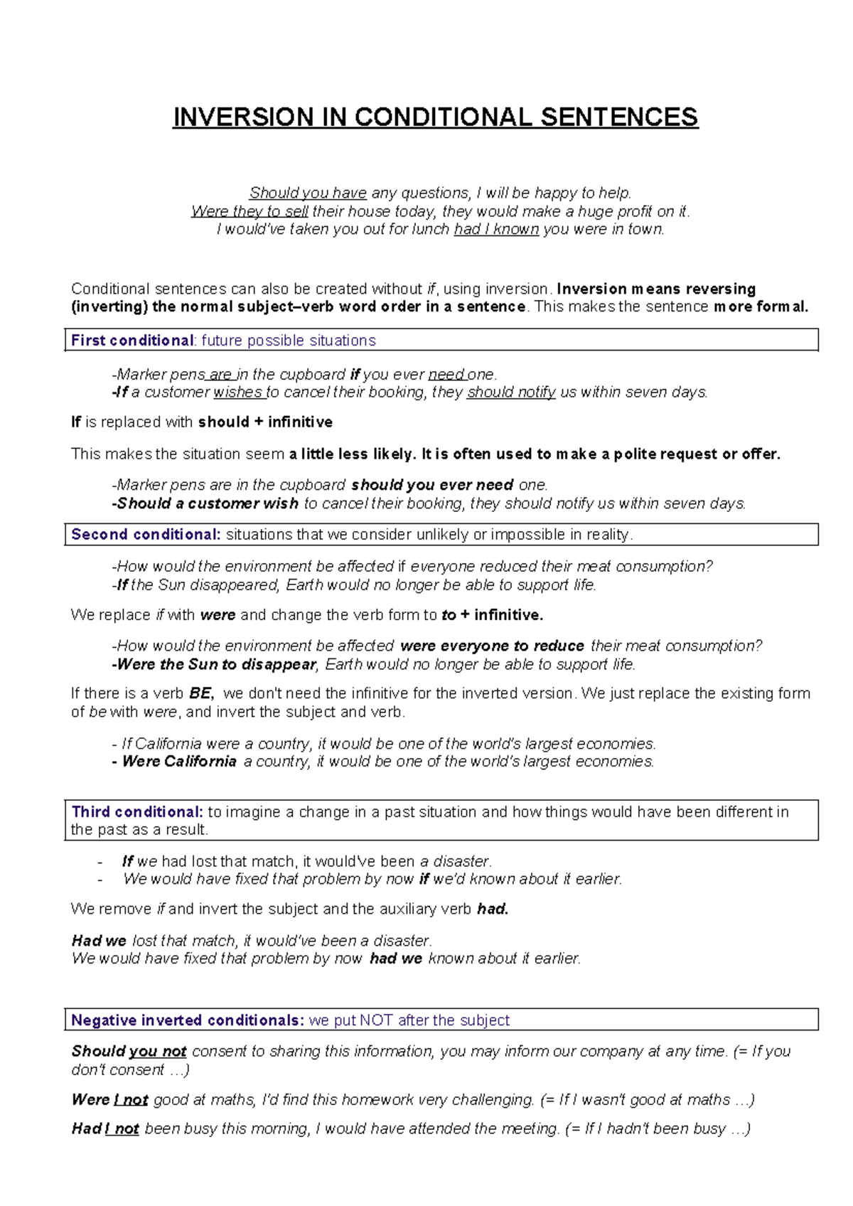 Conditionals Inversion Explained: Formal Sentence Structures - Studocu