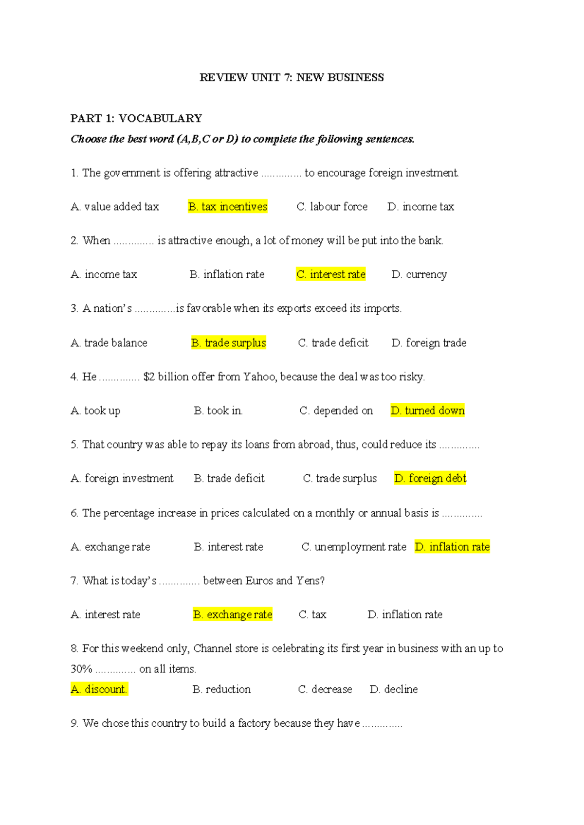 REVIEW UNIT 7 & 8: VOCABULARY & GRAMMAR EXERCISES - Studocu