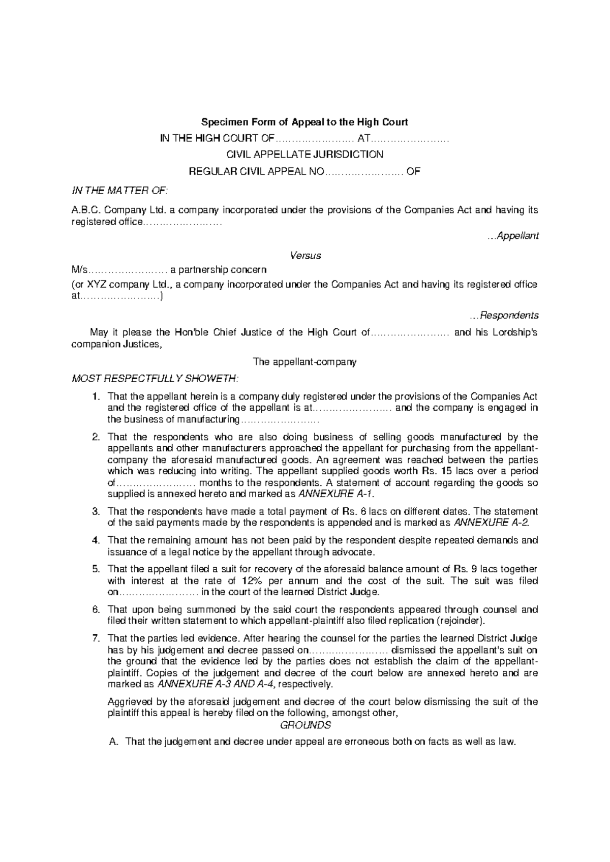 Specimen High Court Appeal Form - Civil Appellate Jurisdiction - Studocu