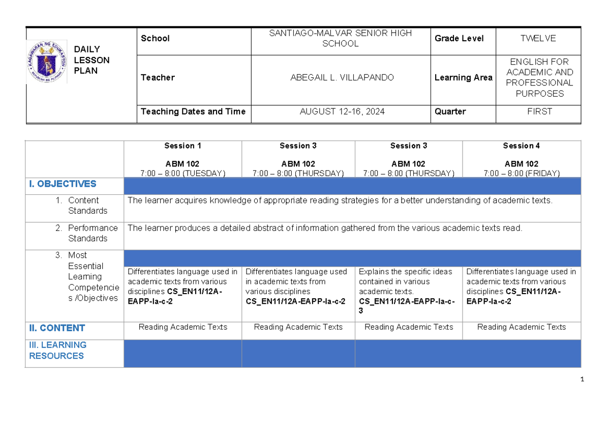 DLL - EAPP - Q1 - WEEK 3 - Lesson Plan on Academic Language - Studocu