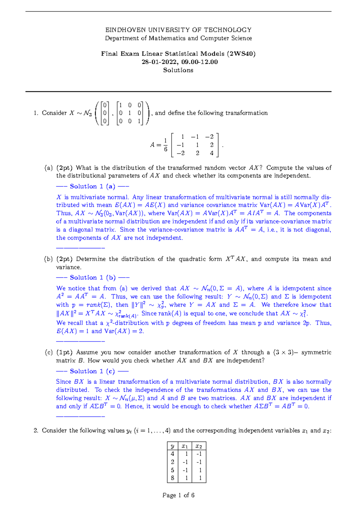 Final Exam Solutions for Linear Statistical Models (2WS40) - Studeersnel