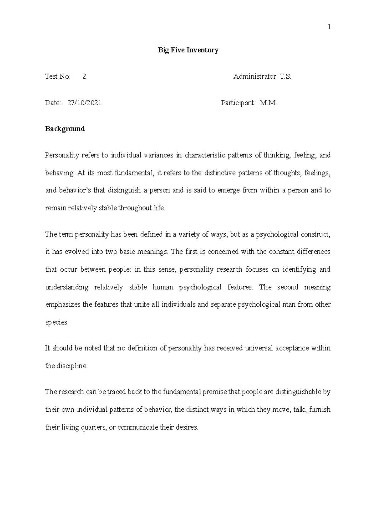 Big Five Inventory - Big Five Inventory Test No: 2 Administrator: T ...