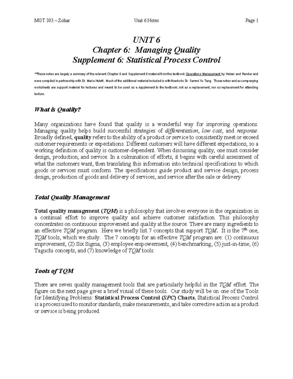 MGT 303 Unit 6 Final Exam Notes: Quality Management & SPC - Studocu