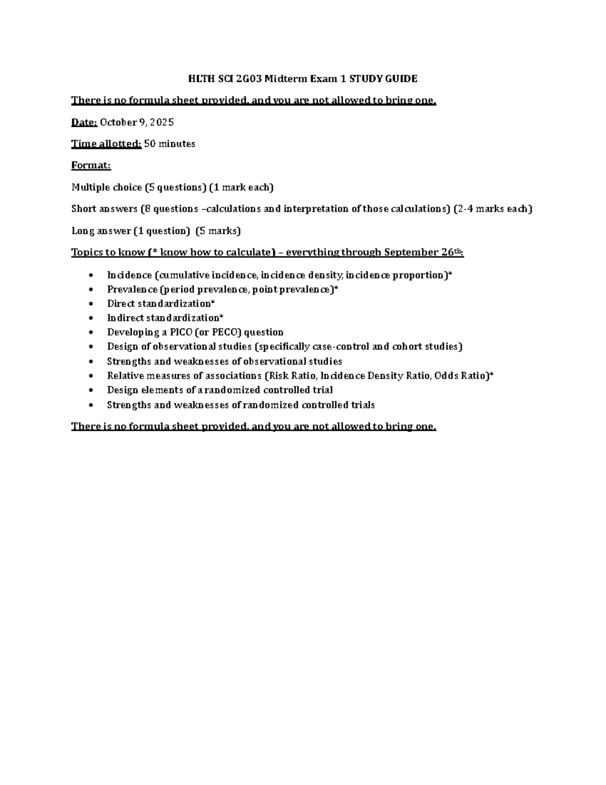 HLTH SCI 2G03 2025 Midterm Exam 1 Study Guide - Studocu