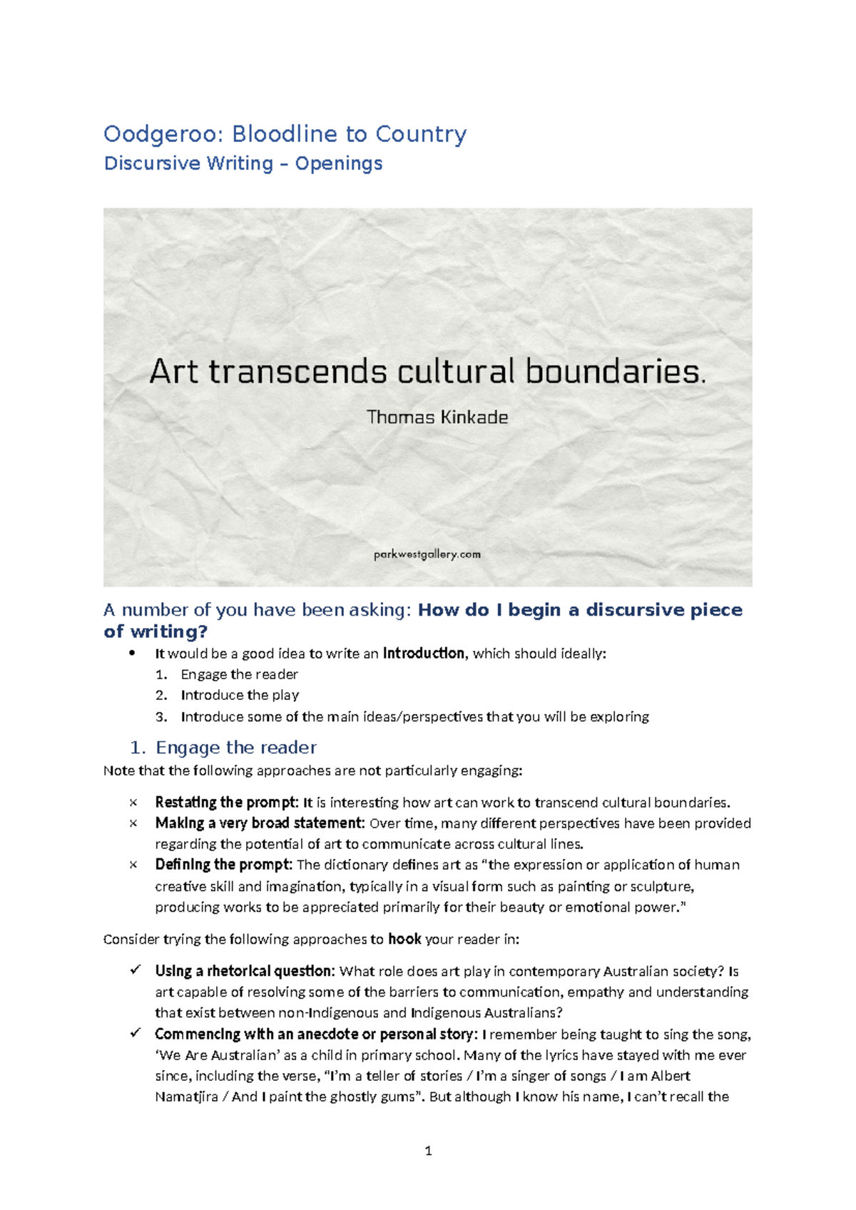 Discursive Writing Openings: Engaging Introductions for Oodgeroo - Studocu