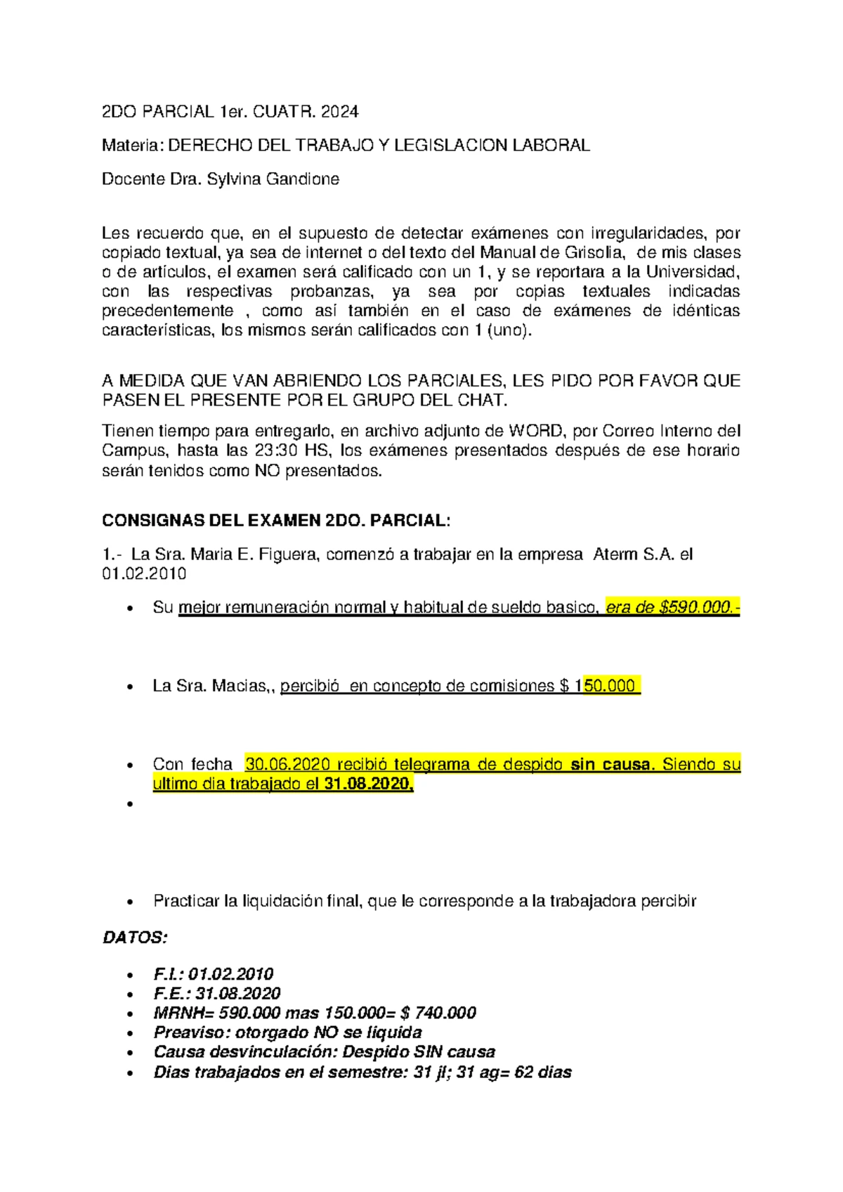 Segundo Parcial 2024.2 U.V. - Derecho del Trabajo y Legislación Laboral ...