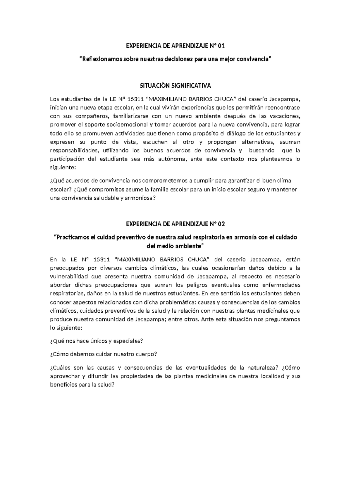 Situaciones Significativas I.E. Nº 15311 Barrios: Aprendizajes Clave ...