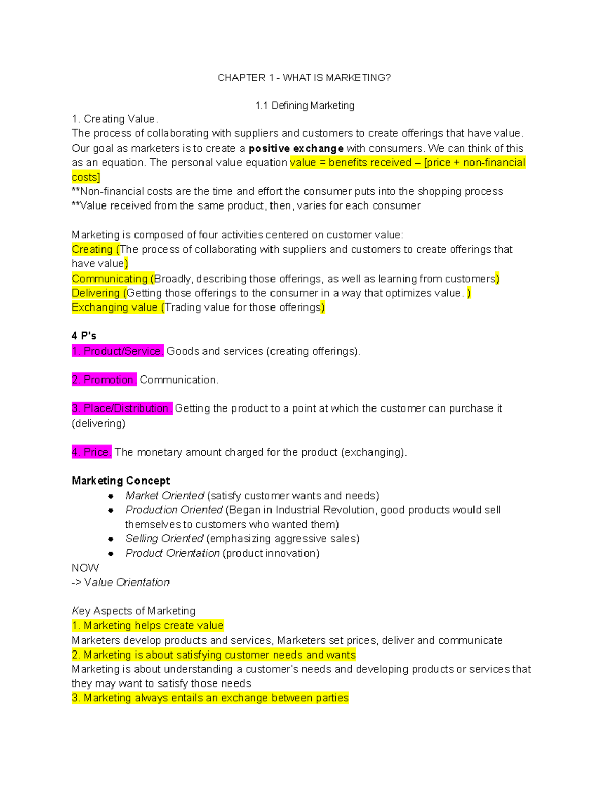 CHAPTER 1 - WHAT IS MARKETING? Defining Value Creation and Exchange ...