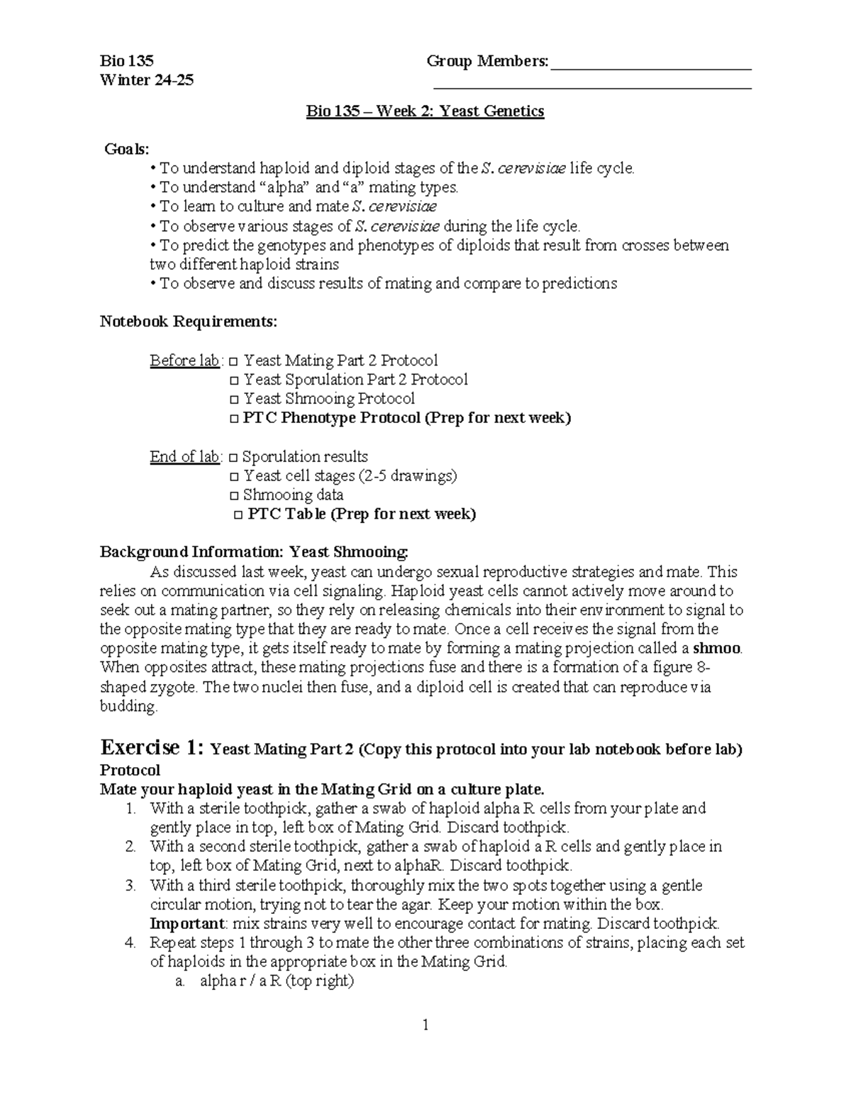 Bio 135 Week 3- Yeast Mating Part 2 (Update 2025) - Winter 24-25 - Studocu