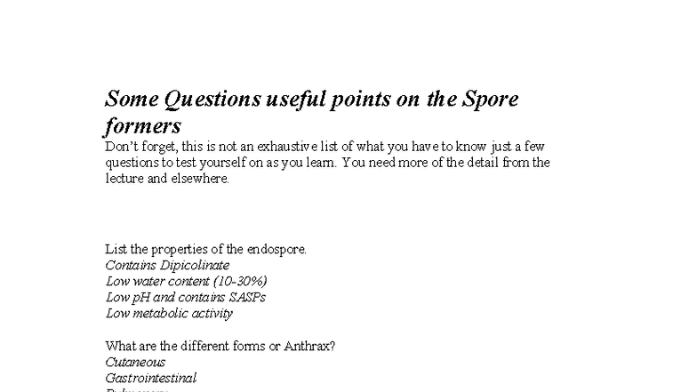 Endospore Producer Questions for Microbiology (BIO 101) - Studocu