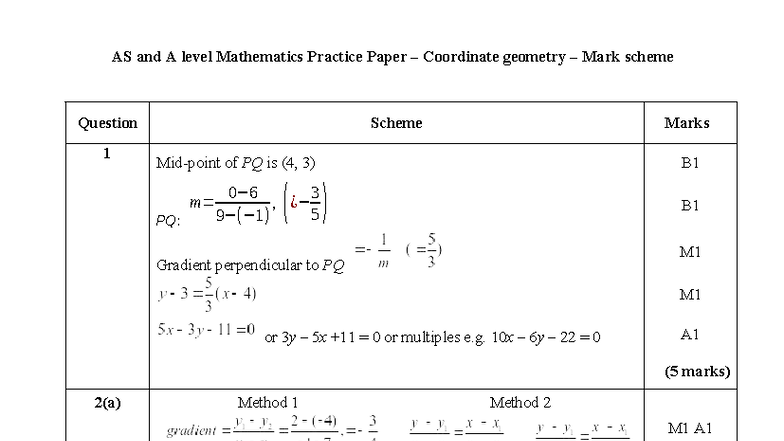 AS Mathematics Practice Paper: Coordinate Geometry Mark Scheme - Studocu