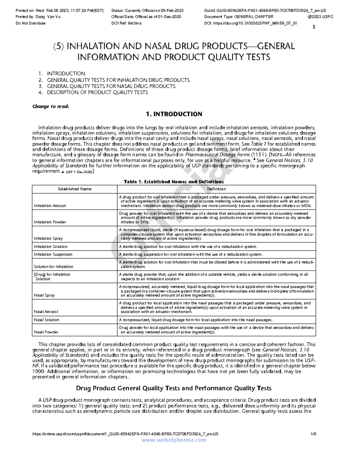 Inhalation and Nasal Drug Products: General Quality Tests (USPC) - Studocu