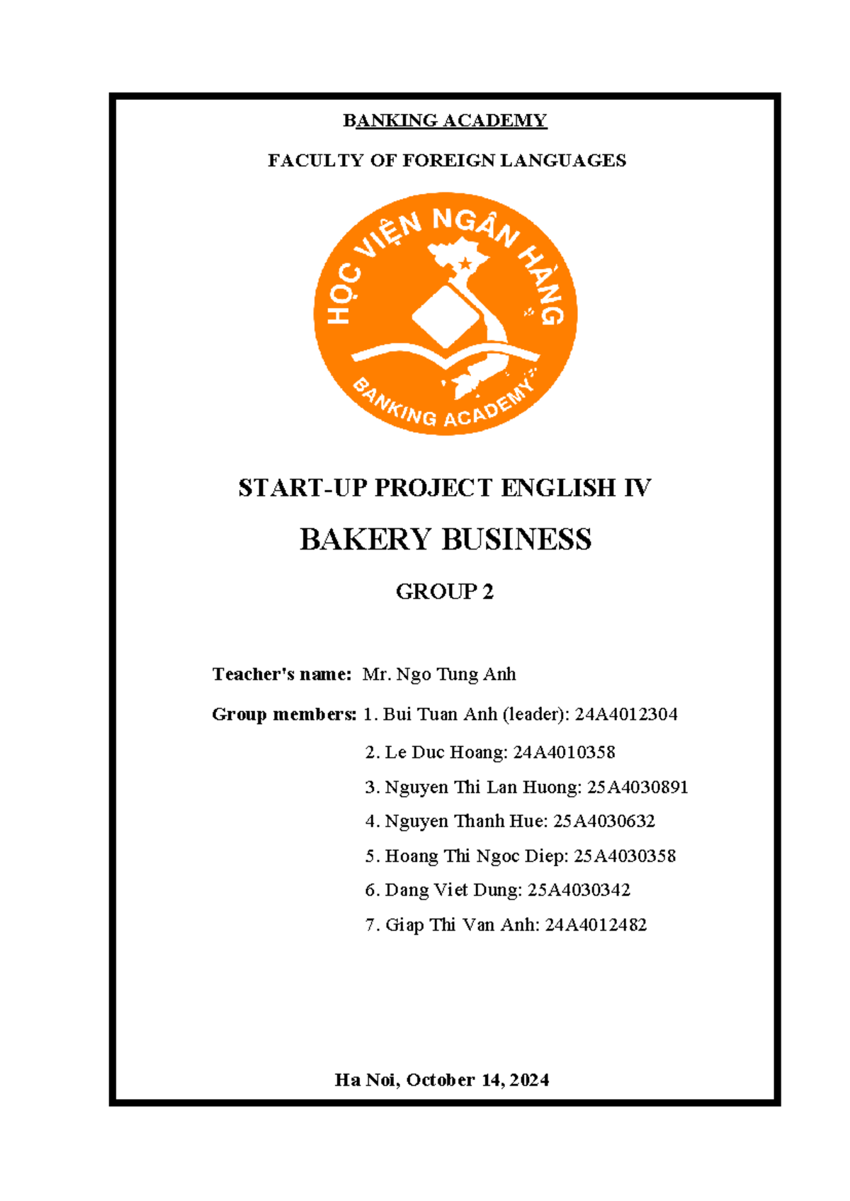 Group 2 - Bakery Business Project Report - 241ENG04A13 - Studocu