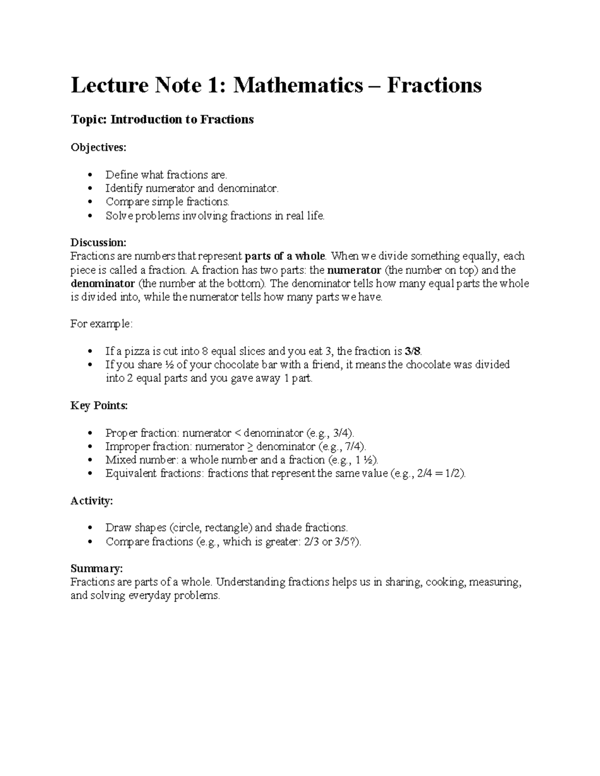 Lecture Note 1: Intro to Fractions - Understanding Basics and ...