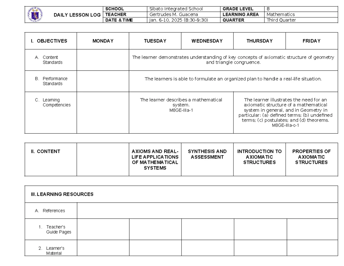 SCHOOL DAILY LESSON LOG: VALUES EDUCATION 9 Q1 - WEEK 1 - Studocu
