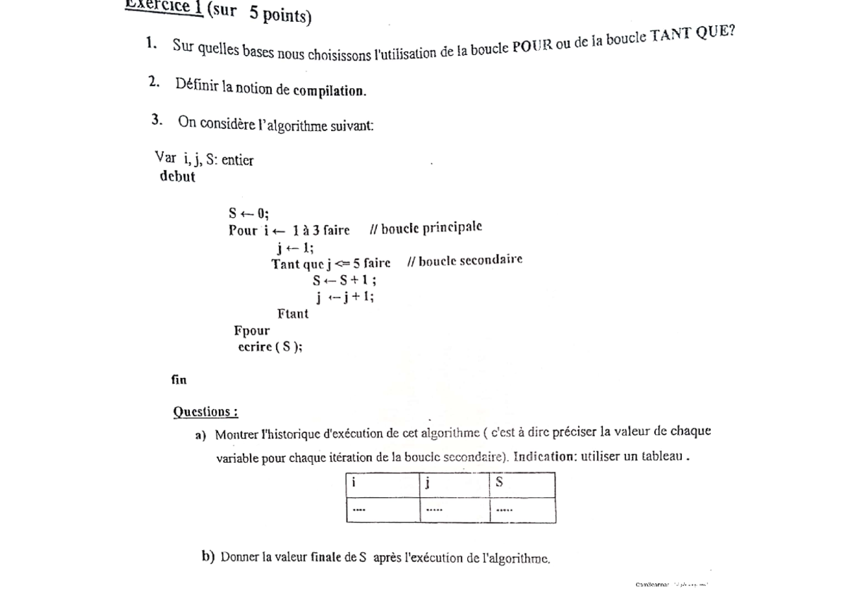 Exercise de algorithme 1 - Algorithmique - Studocu