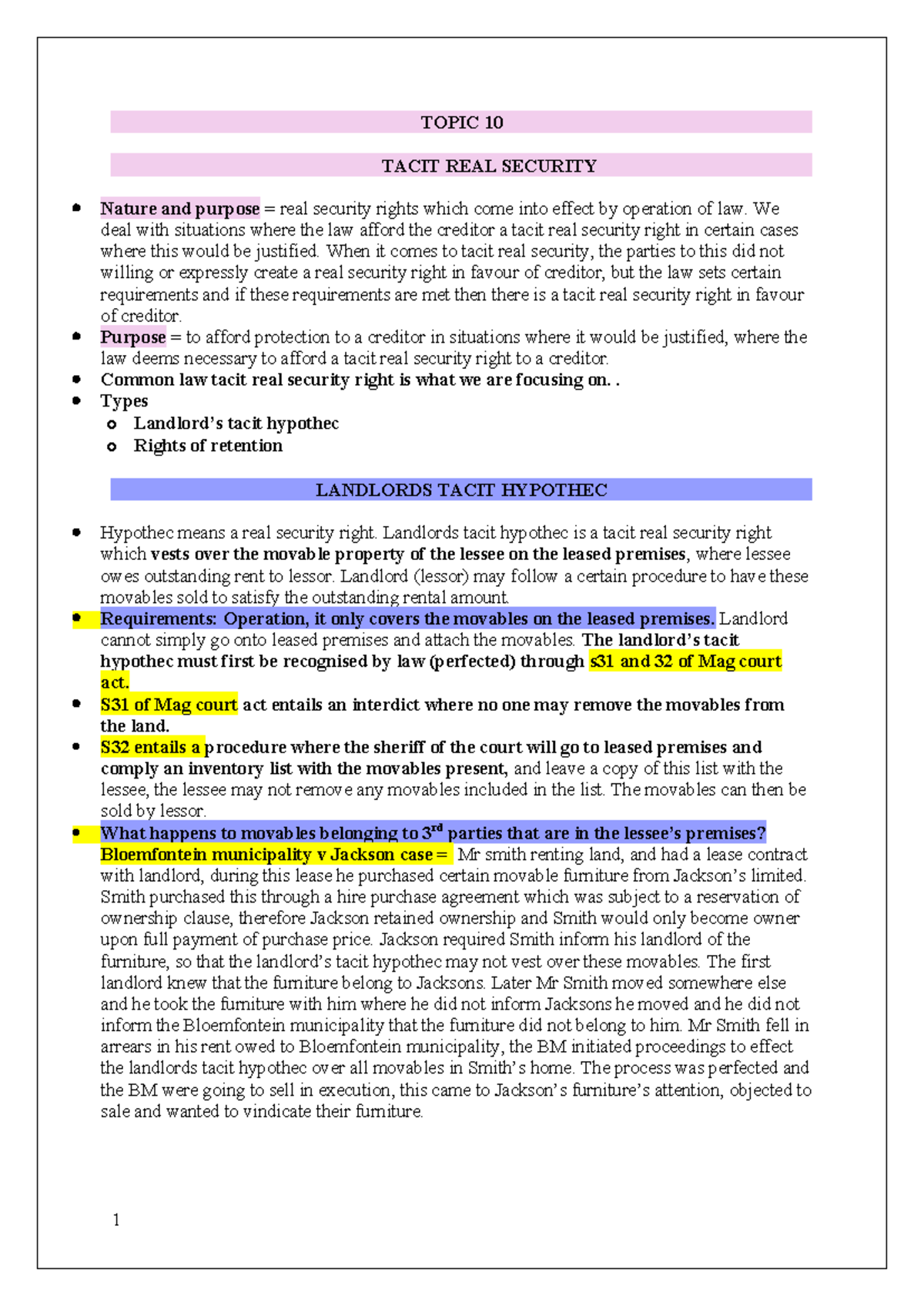Topic 10 - Tacit Real Security Rights & Enrichment Liens: Lecture Notes ...